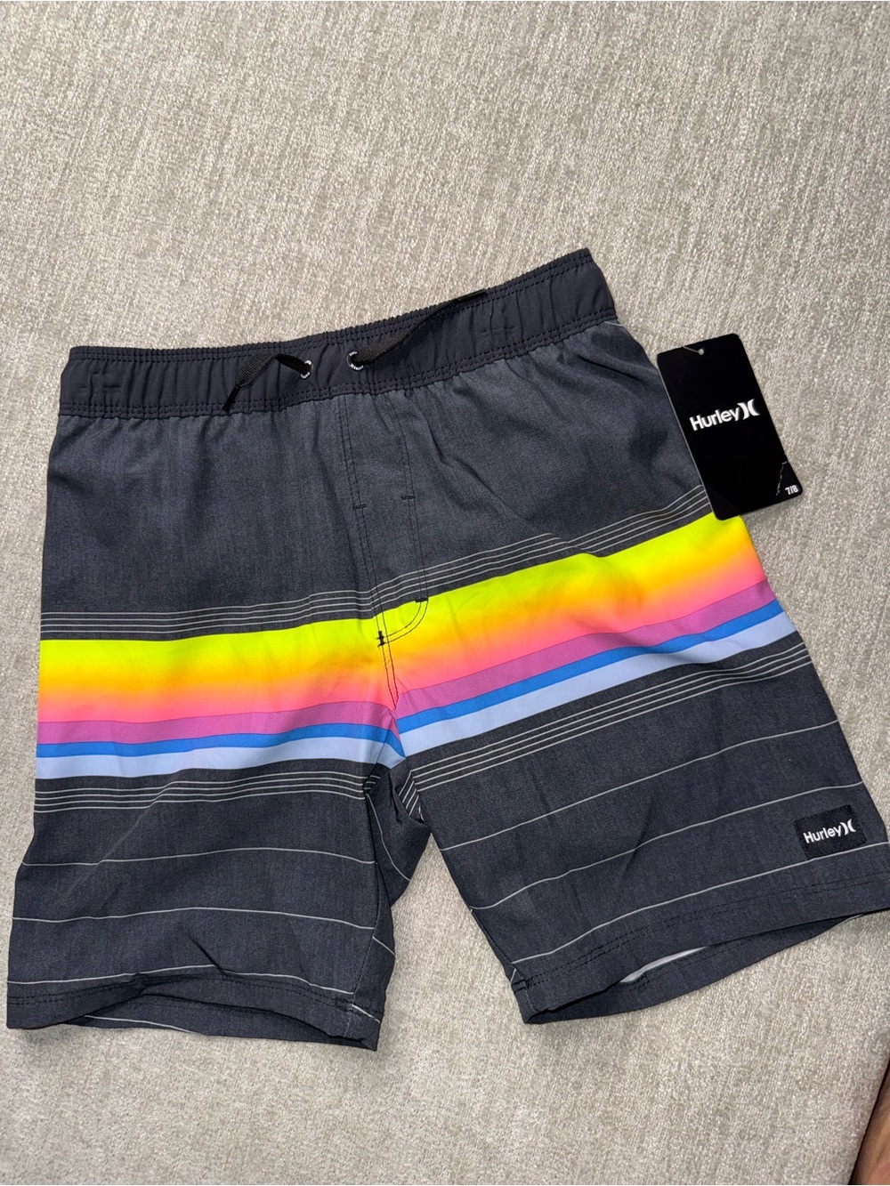 Hurley Black Swim Shorts with Neon Rainbow Stripe